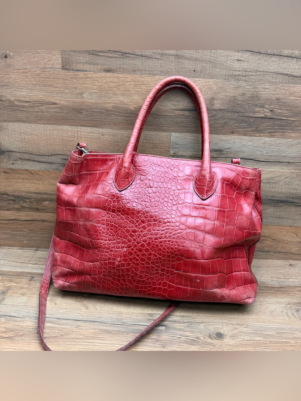 FURLA Red Croc-Embossed Leather Tote Bag - Picture 3 of 9